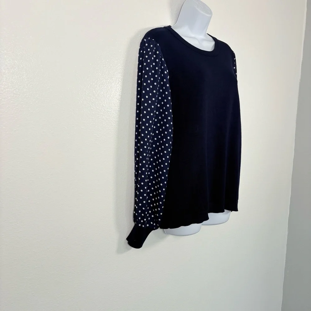 Adrianna Papell Dark Blue Top with Polka Dot Pattern Sheer Sleeves SzL Preppy - Picture 2 of 11